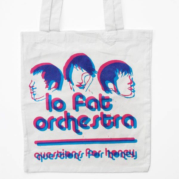 Tote bag bianca con logo viola "lo fat orchestra, questions for honey"